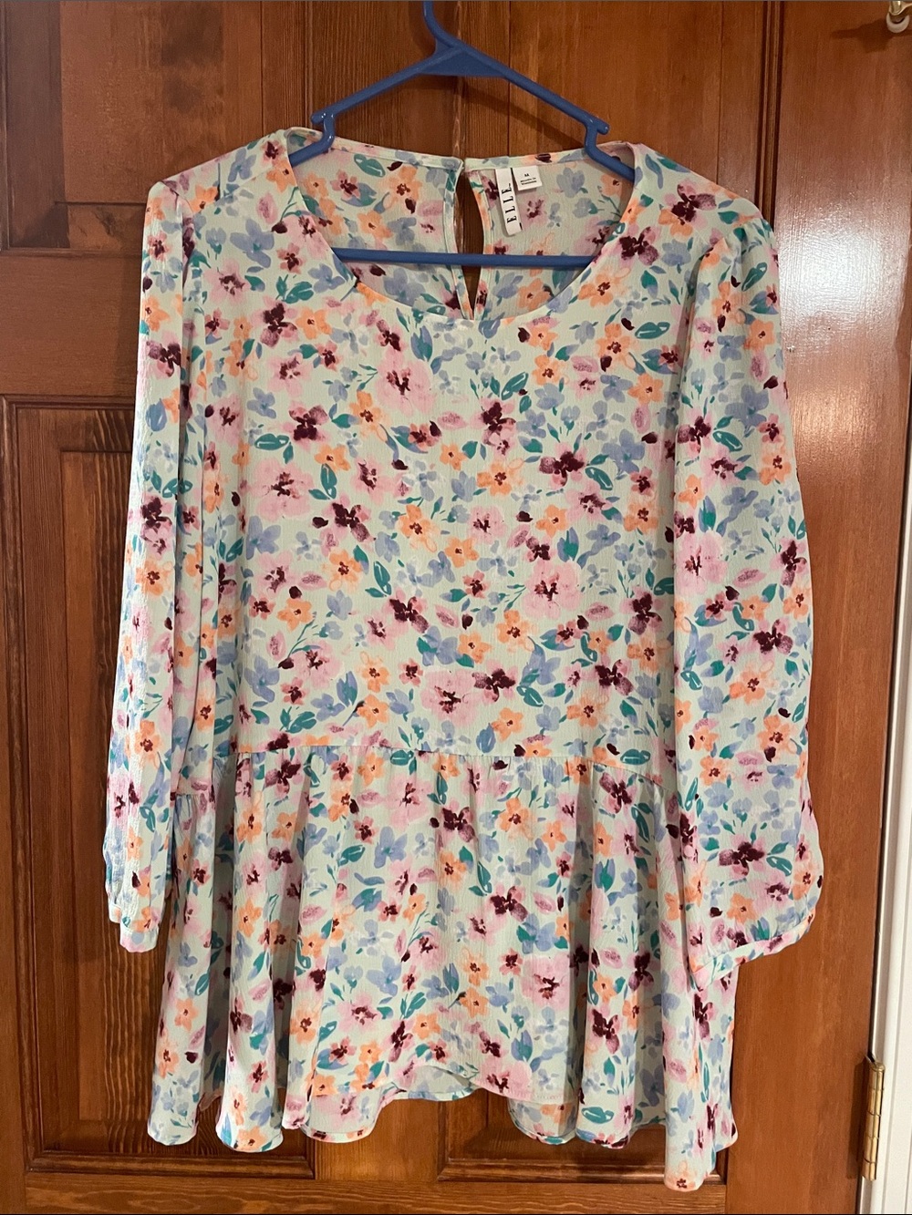 Elle Floral Peplum Blouse - Light Blue with Pink, Teal & Burgundy Accents